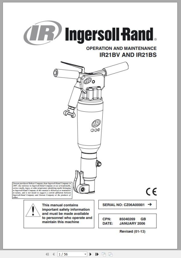 Ingersoll Rand Construction Tool IR21BV IR21BS Parts Manual Operation and Maintenance Manual 2013