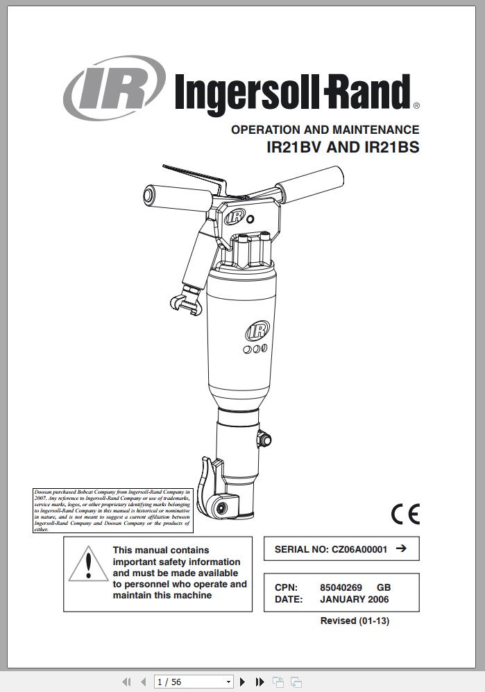 Ingersoll Rand Construction Tool IR21BV IR21BS Parts Manual Operation and Maintenance Manual 2013