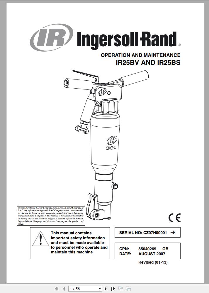 Ingersoll Rand Construction Tool IR25BV IR25BS Parts Manual Operation and Maintenance Manual 2013