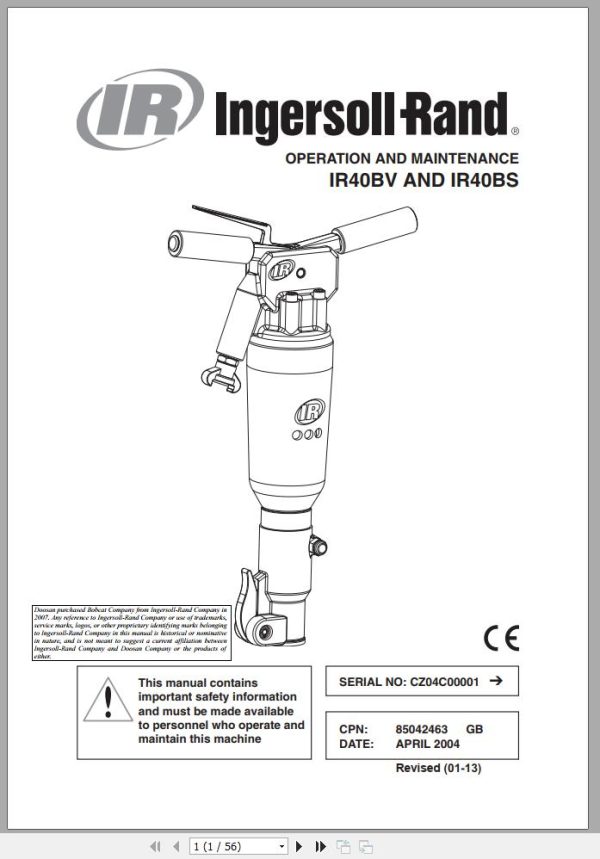 Ingersoll Rand Construction Tool IR40BV IR40BS Parts Manual Operation and Maintenance Manual 2013
