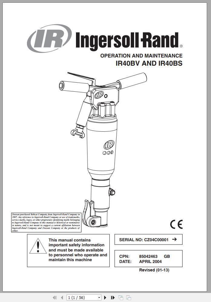 Ingersoll Rand Construction Tool IR40BV IR40BS Parts Manual Operation and Maintenance Manual 2013