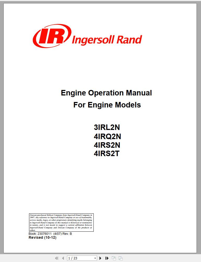 Ingersoll Rand Generator 4IRS2N Operation and Maintenance Manual 2012