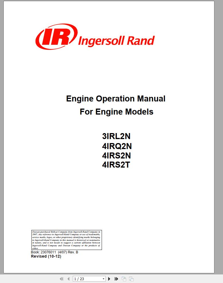 Ingersoll Rand Generator 4IRS2T Operation and Maintenance Manual 2012