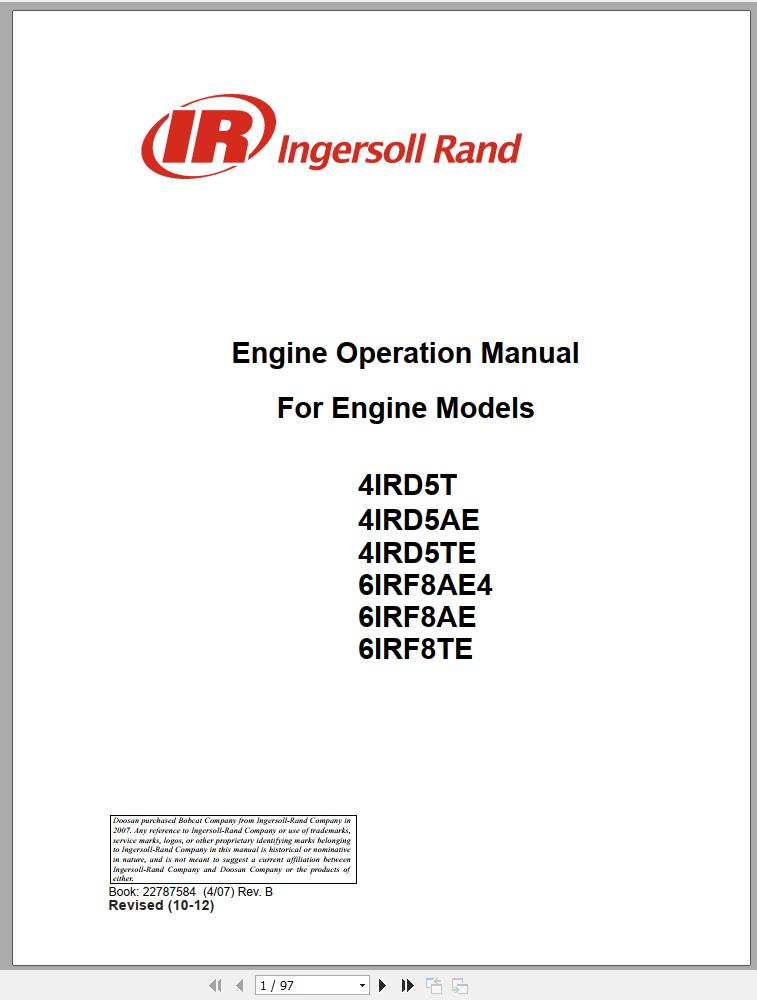 Ingersoll Rand Generator 6IRF8AE Engine Owners Manual 2012