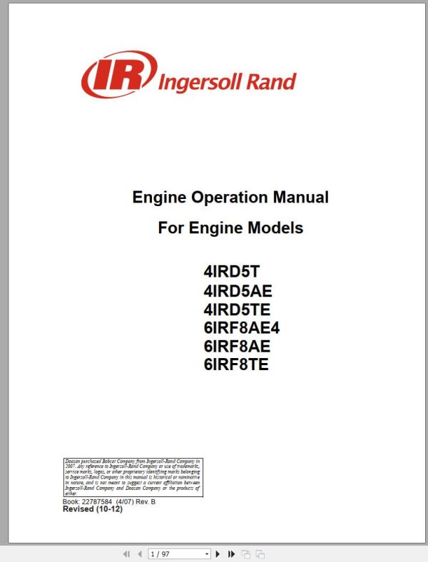 Ingersoll Rand Generator 6IRF8AE4 Engine Owners Manual 2012