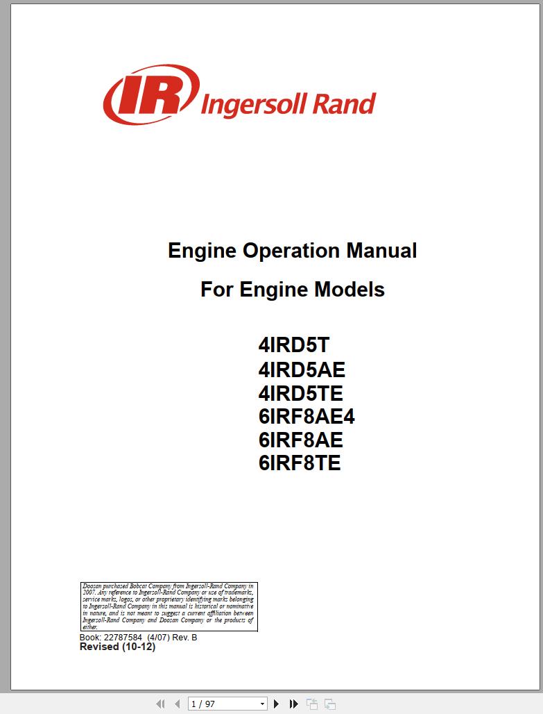 Ingersoll Rand Generator 6IRF8AE4 Engine Owners Manual 2012