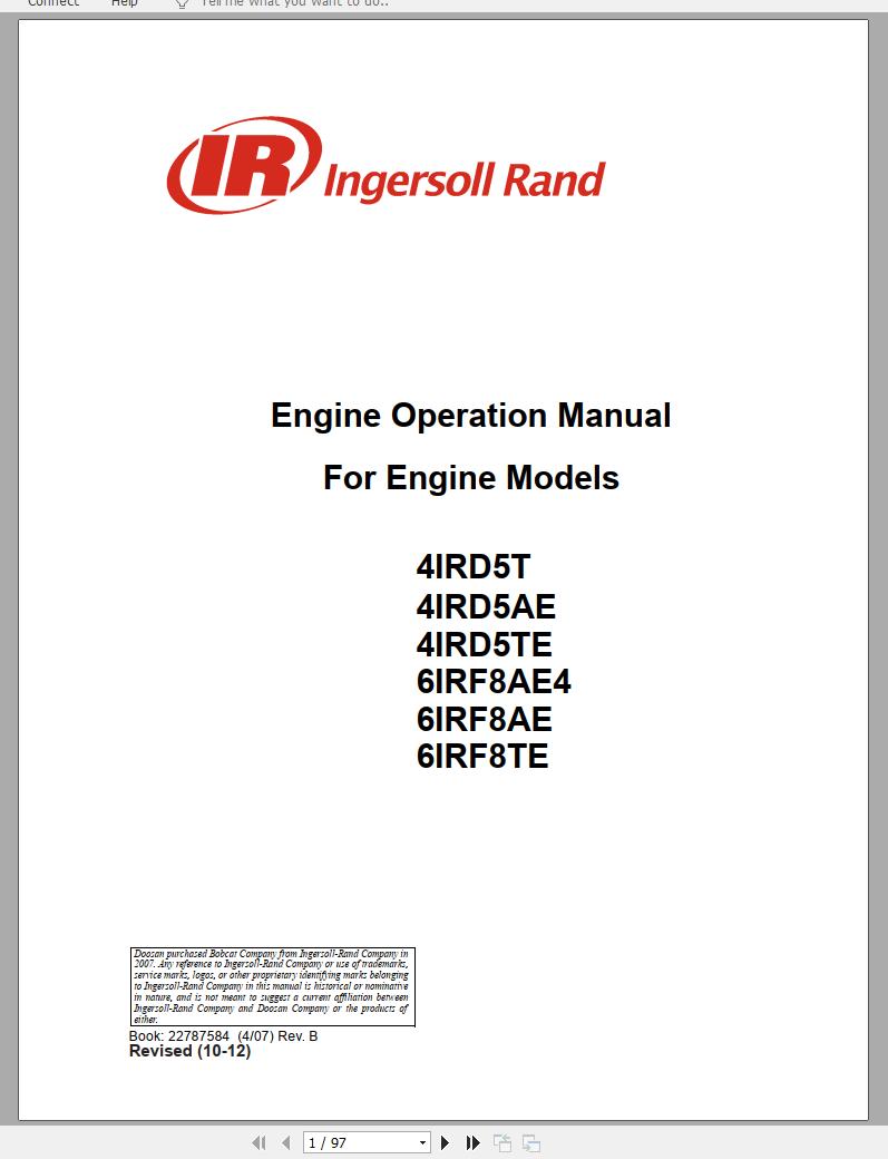 Ingersoll Rand Generator 6IRF8TE Engine Owners Manual 2012