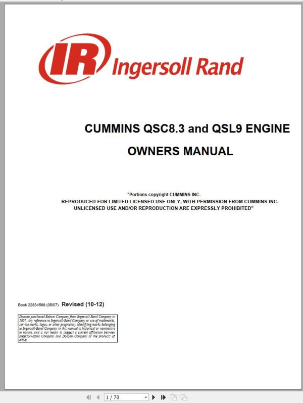 Ingersoll Rand Generator Cummins QSC8.3 and QSL9 Engine Owners Manual 2012