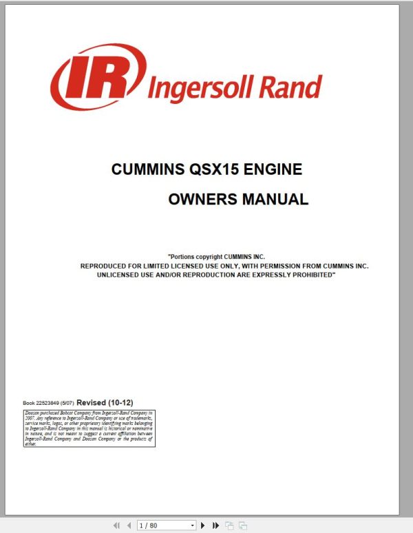 Ingersoll Rand Generator Cummins QSX15 Engine Owners Manual 2012