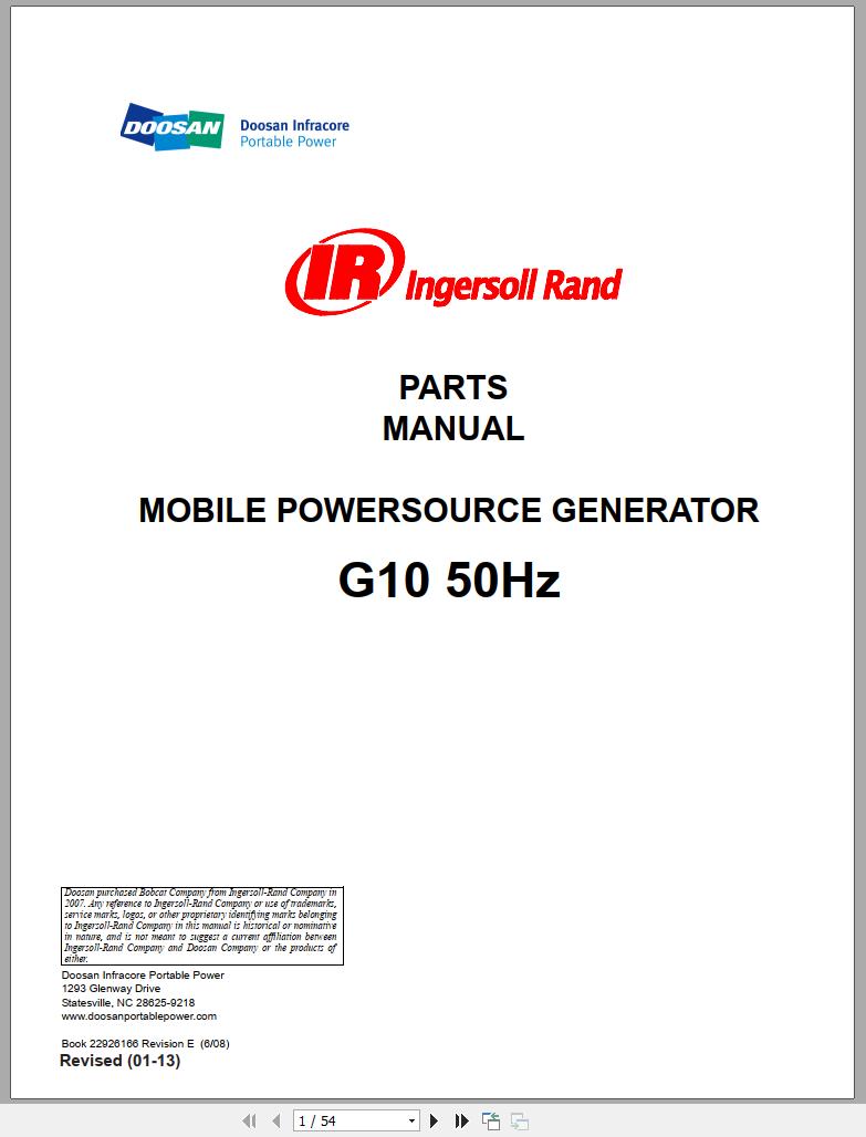 Ingersoll Rand Generator G10 Parts Manual 2013