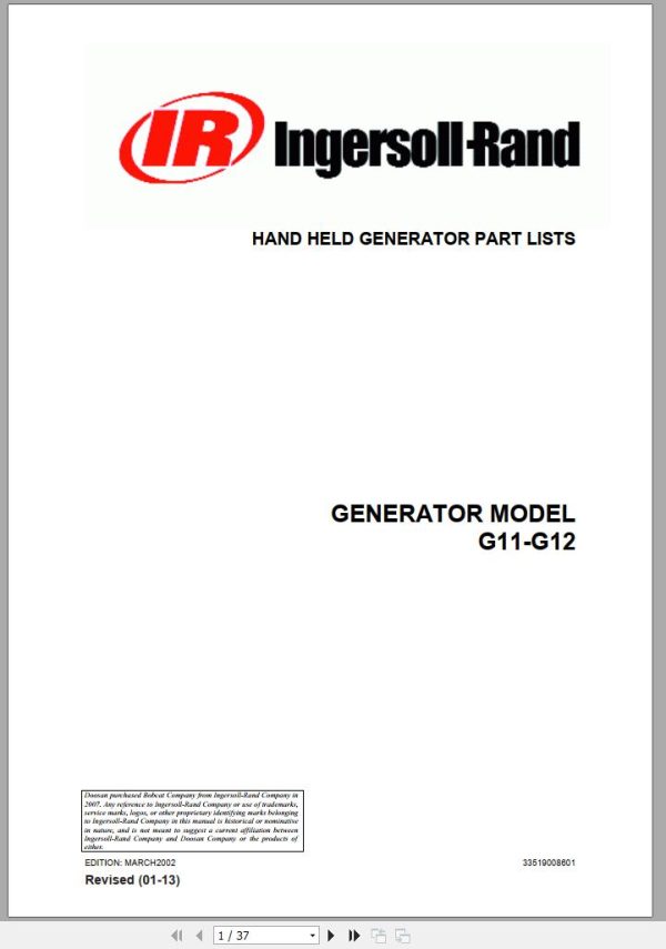 Ingersoll Rand Generator G11 Parts Manual 2013