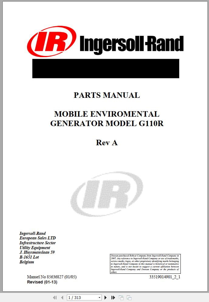 Ingersoll Rand Generator G110 Parts Manual 2013
