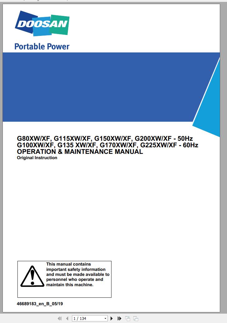 Ingersoll Rand Generator G115 XW XF Operation and Maintenance Manual 2019