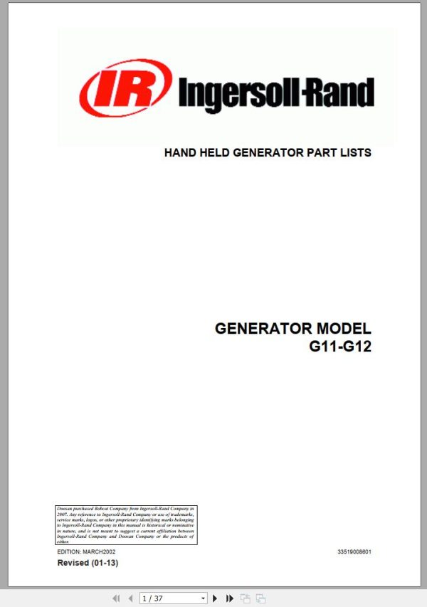 Ingersoll Rand Generator G12 Parts Manual 2013 1 1