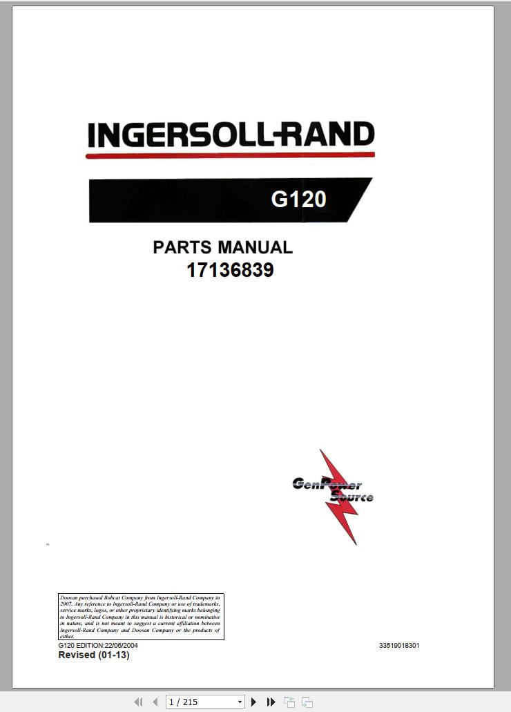 Ingersoll Rand Generator G120 Parts Manual 2013