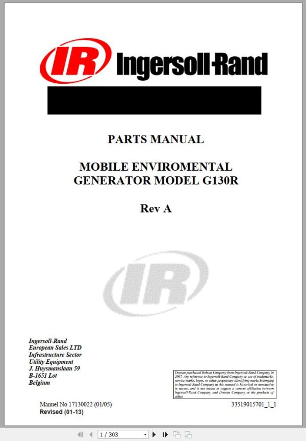 Ingersoll Rand Generator G130 Parts Manual 2017
