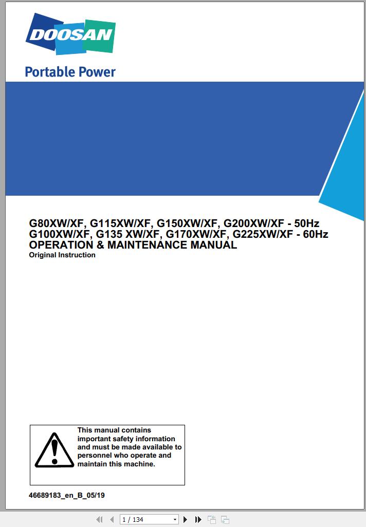 Ingersoll Rand Generator G135 XW XF Operation and Maintenance Manual 2019