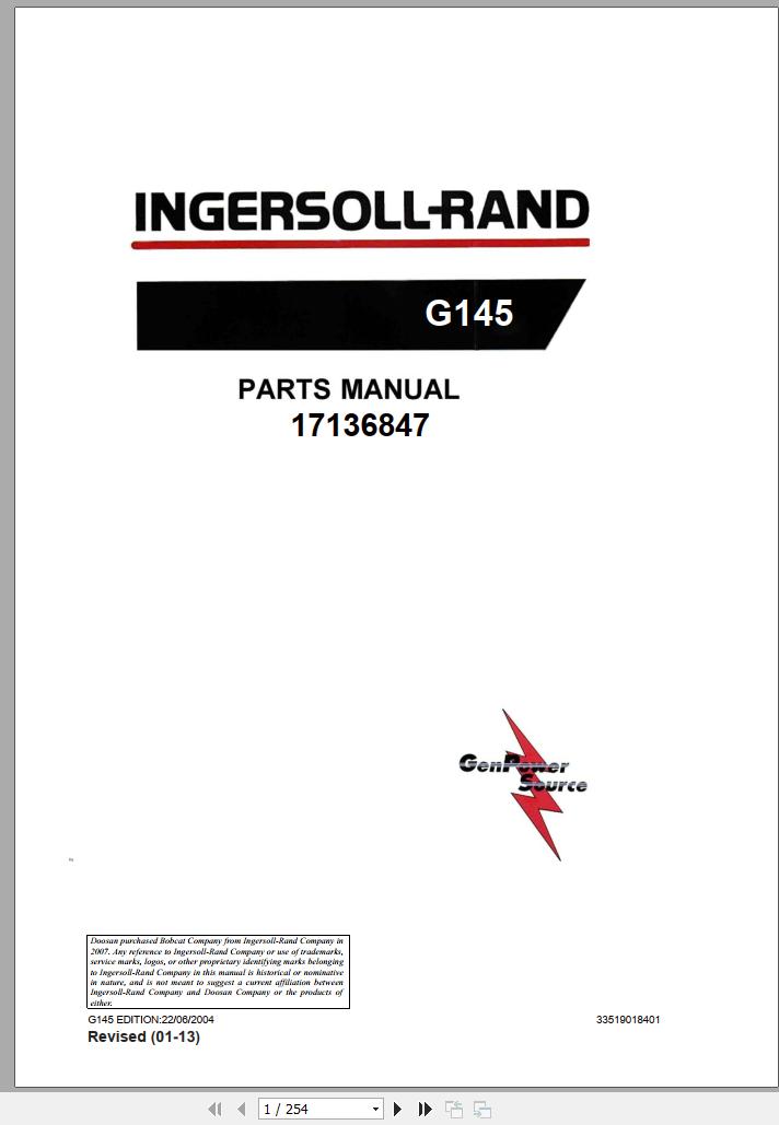 Ingersoll Rand Generator G145 Parts Manual 2013