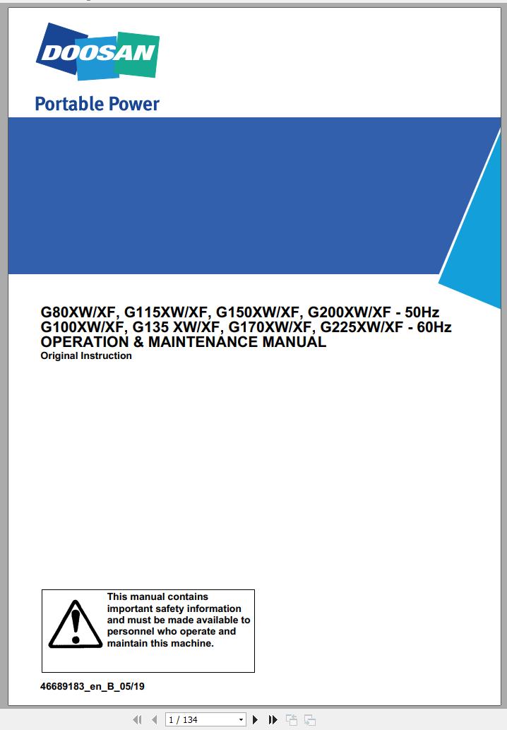 Ingersoll Rand Generator G150 XW XF Operation and Maintenance Manual 2019