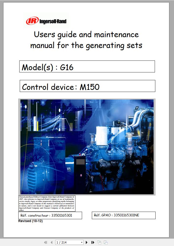Ingersoll Rand Generator G16 Users Guide and Maintenance Manual 2012