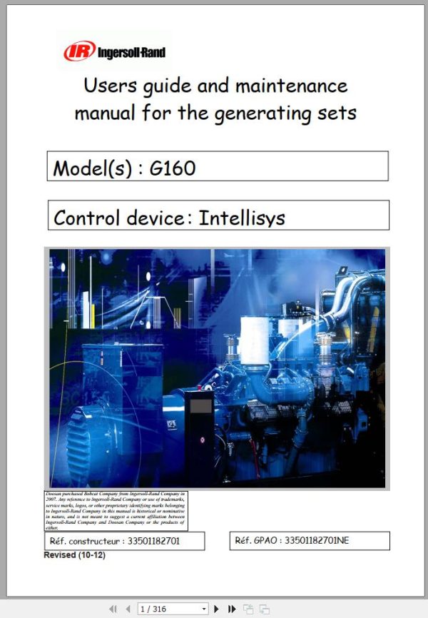 Ingersoll Rand Generator G160 Users Guide and Maintenance Manual 2012