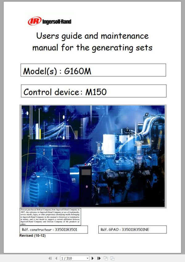 Ingersoll Rand Generator G160 Users Guide and Maintenance Manual 2012 1
