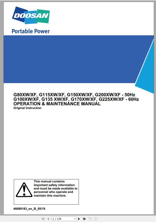 Ingersoll Rand Generator G170 XW XF Operation and Maintenance Manual 2019