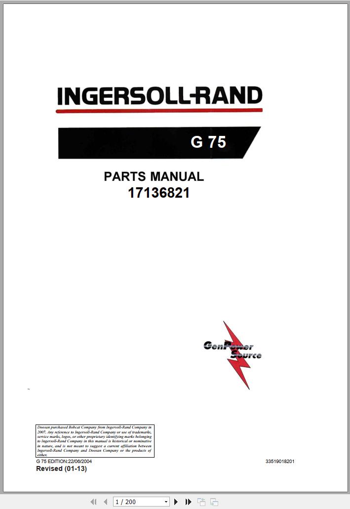 Ingersoll Rand Generator G175 Parts Manual 2013
