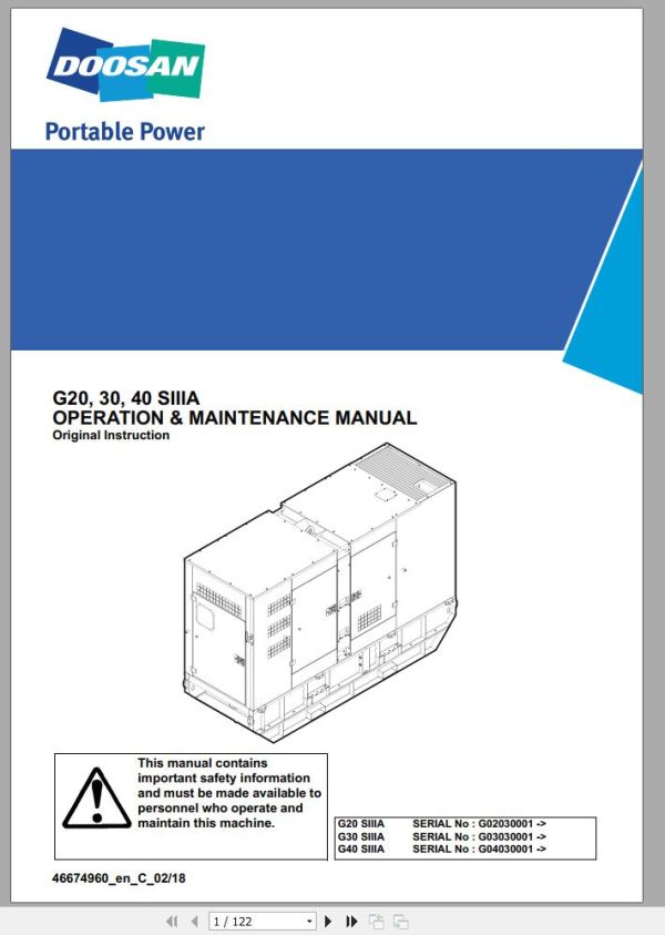 Ingersoll Rand Generator G20 SIIIA Operation and Maintenance Manual 2018
