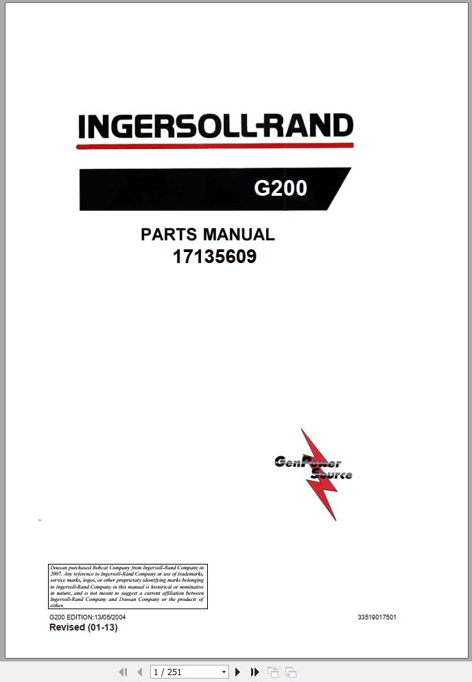 Ingersoll Rand Generator G200 Parts Manual 2018