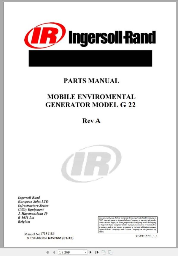 Ingersoll Rand Generator G22 Parts Manual 2013