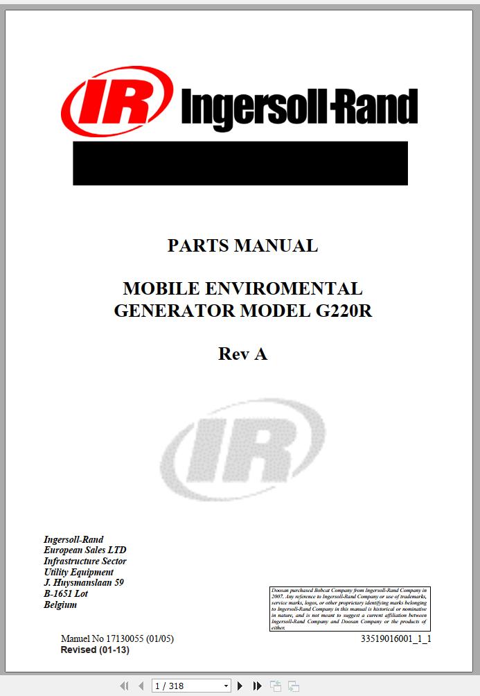 Ingersoll Rand Generator G220 Parts Manual 2013