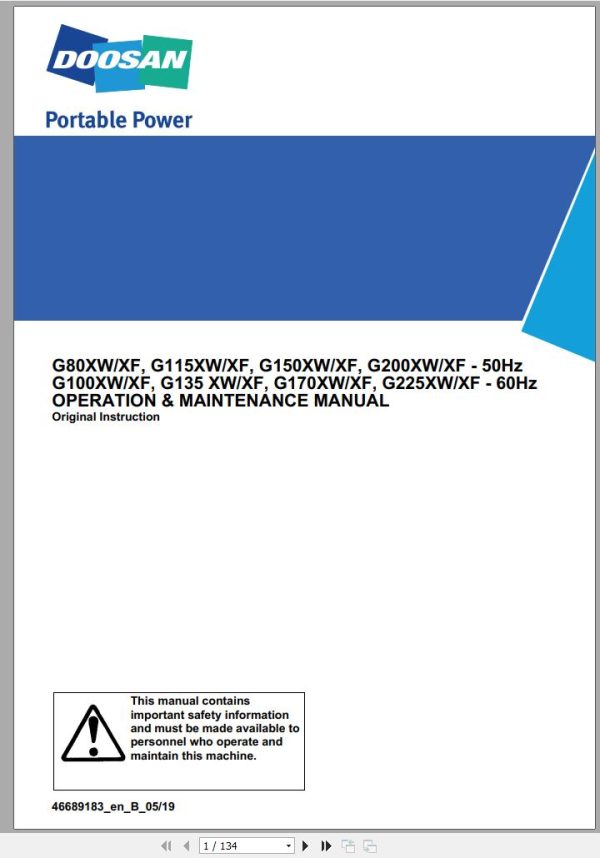 Ingersoll Rand Generator G225 XW XF Operation and Maintenance Manual 2019
