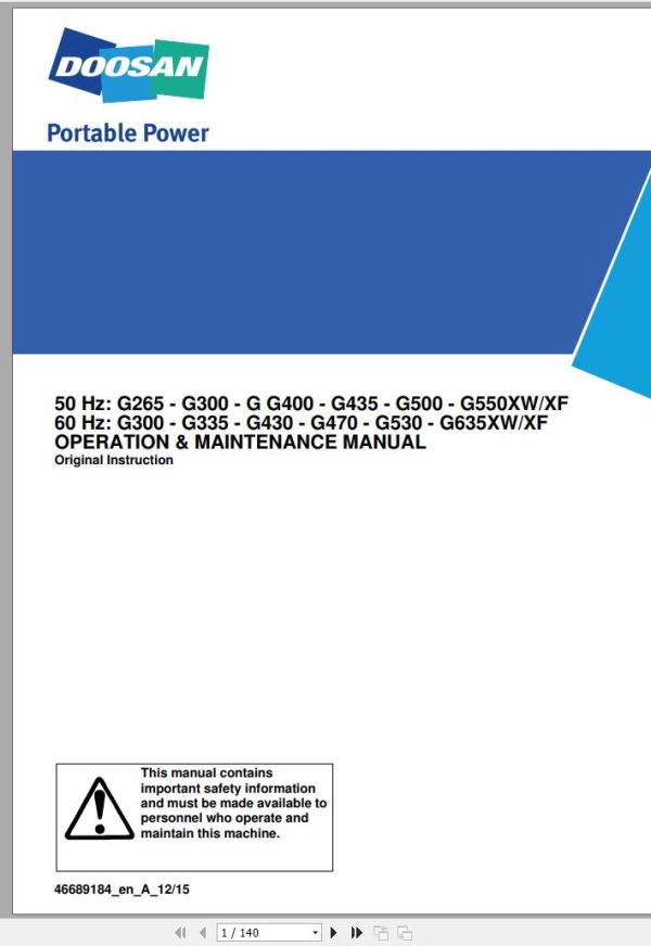 Ingersoll Rand Generator G265 XW XF Operation and Maintenance Manual 2019