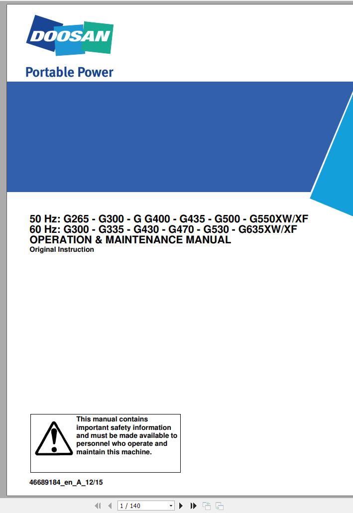 Ingersoll Rand Generator G265 XW XF Operation and Maintenance Manual 2019