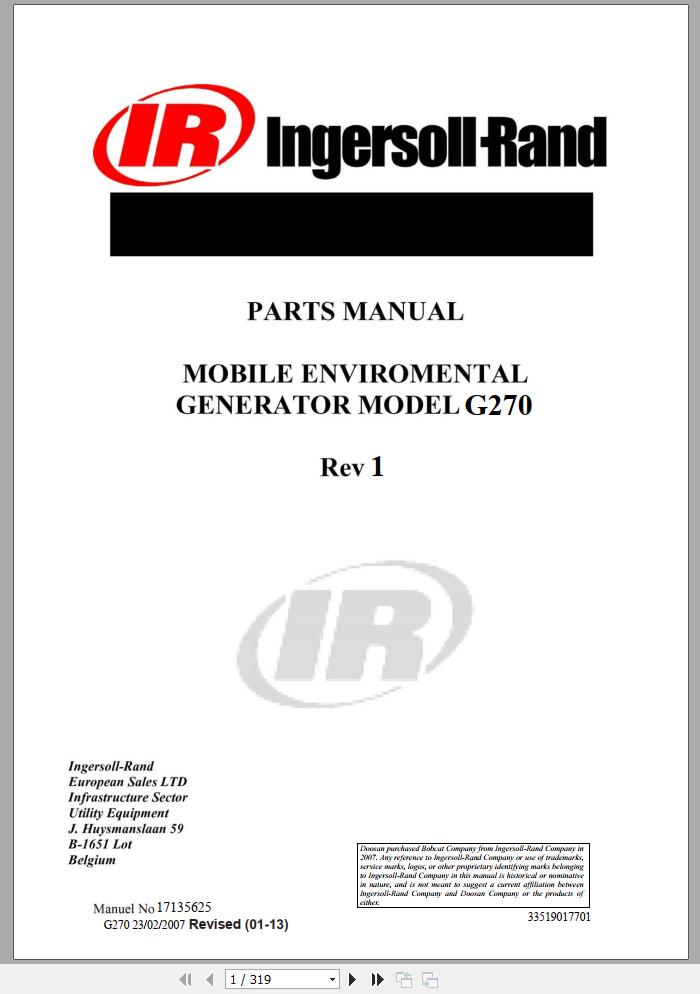 Ingersoll Rand Generator G270 Parts Manual 2013