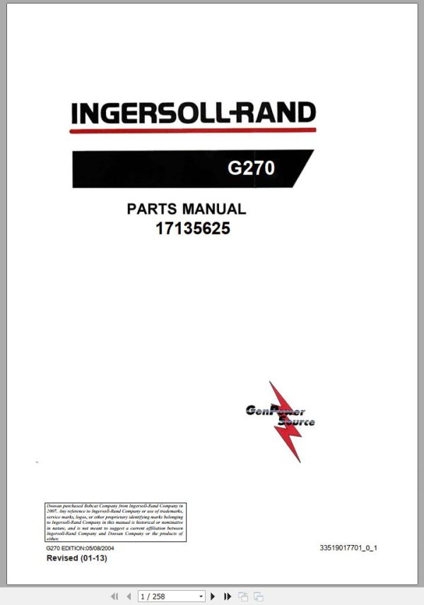 Ingersoll Rand Generator G270 Parts Manual 2013 1