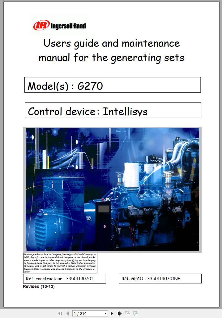 Ingersoll Rand Generator G270 Users Guide and Maintenance Manual 2012