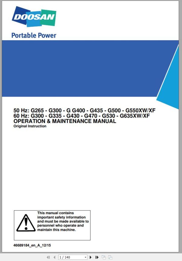 Ingersoll Rand Generator G300 XW XF Operation and Maintenance Manual 2019