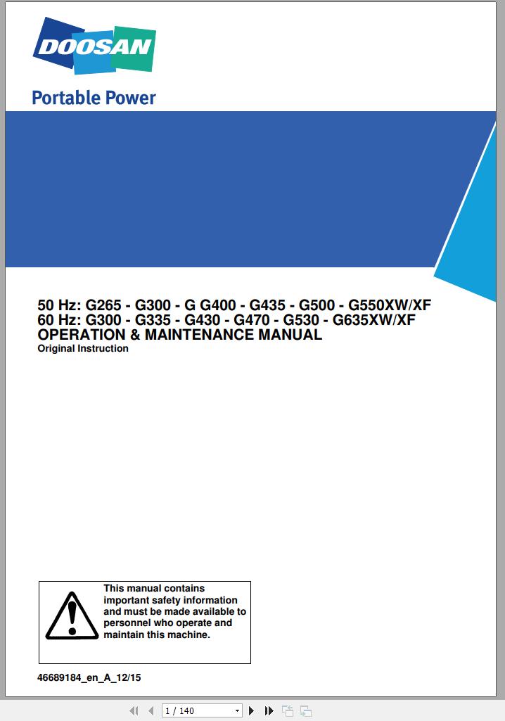 Ingersoll Rand Generator G300 XW XF Operation and Maintenance Manual 2019