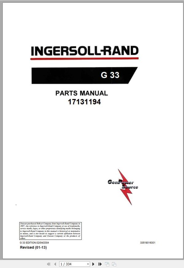 Ingersoll Rand Generator G33 Parts Manual 2013