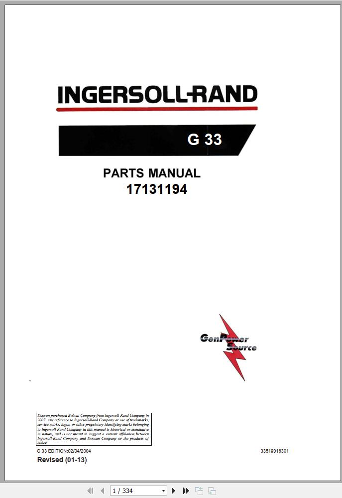 Ingersoll Rand Generator G33 Parts Manual 2013