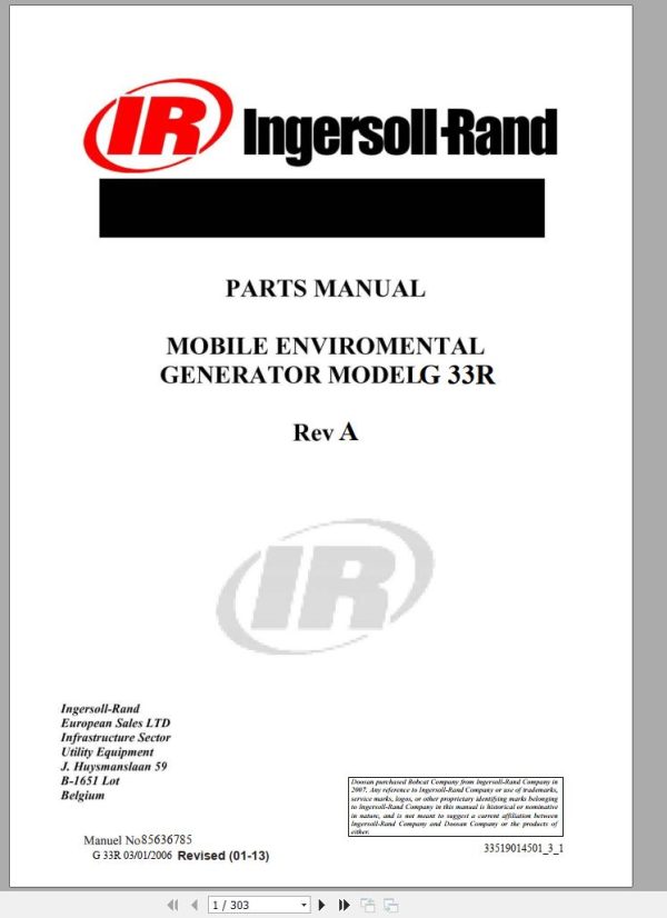 Ingersoll Rand Generator G33 Parts Manual 2013 1