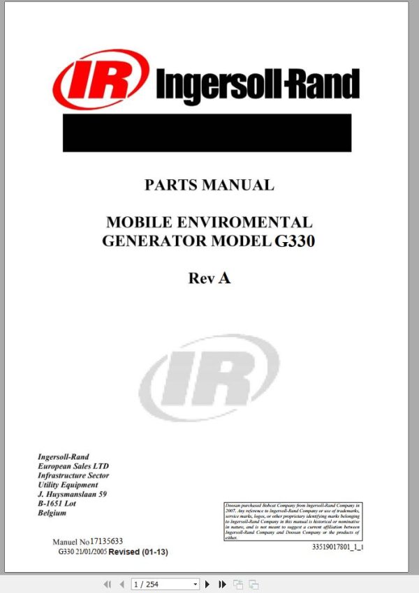 Ingersoll Rand Generator G330 Parts Manual 2013