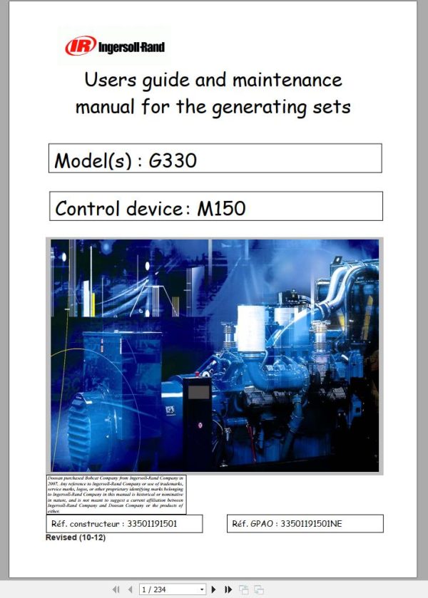 Ingersoll Rand Generator G330 Users Guide and Maintenance Manual 2012 1 1