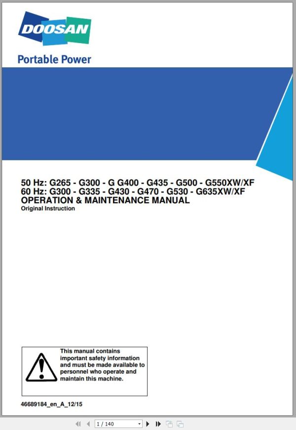 Ingersoll Rand Generator G335 XW XF Operation and Maintenance Manual 2015