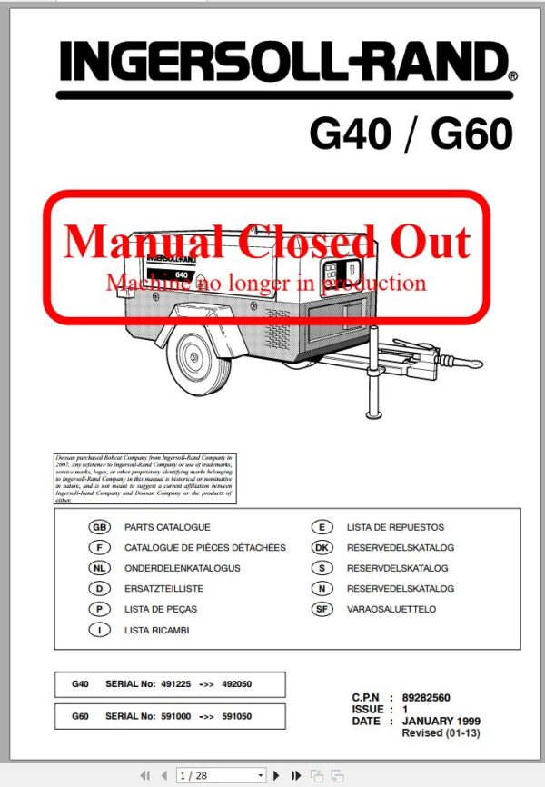 Ingersoll Rand Generator G40 Parts Manual 2015