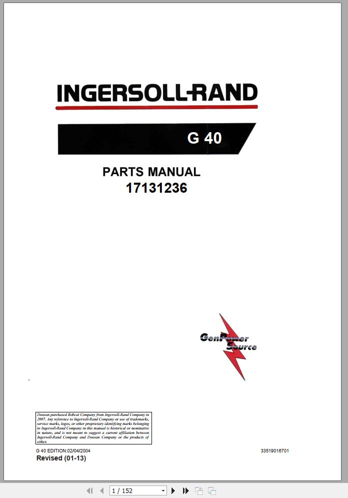 Ingersoll Rand Generator G40 Parts Manual 2015 1