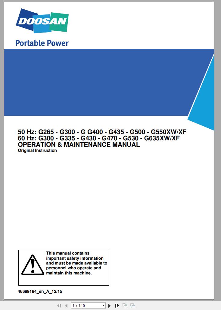 Ingersoll Rand Generator G430 XW XF Operation and Maintenance Manual 2015