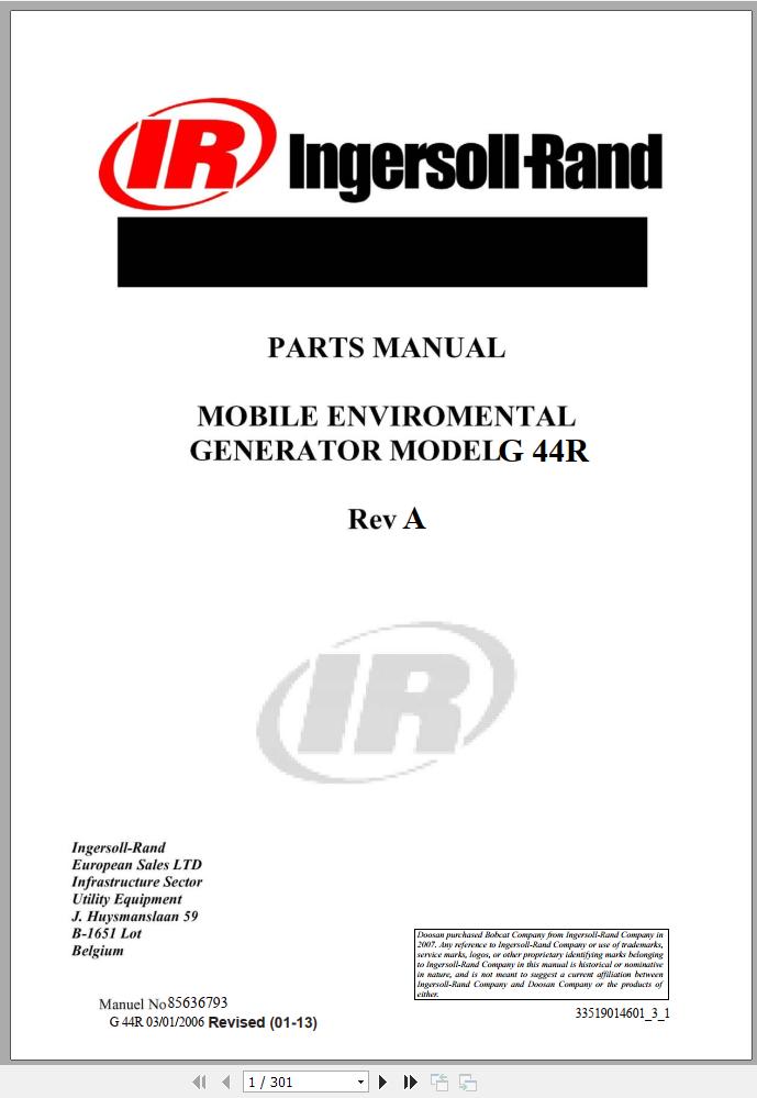 Ingersoll Rand Generator G44 Parts Manual 2013